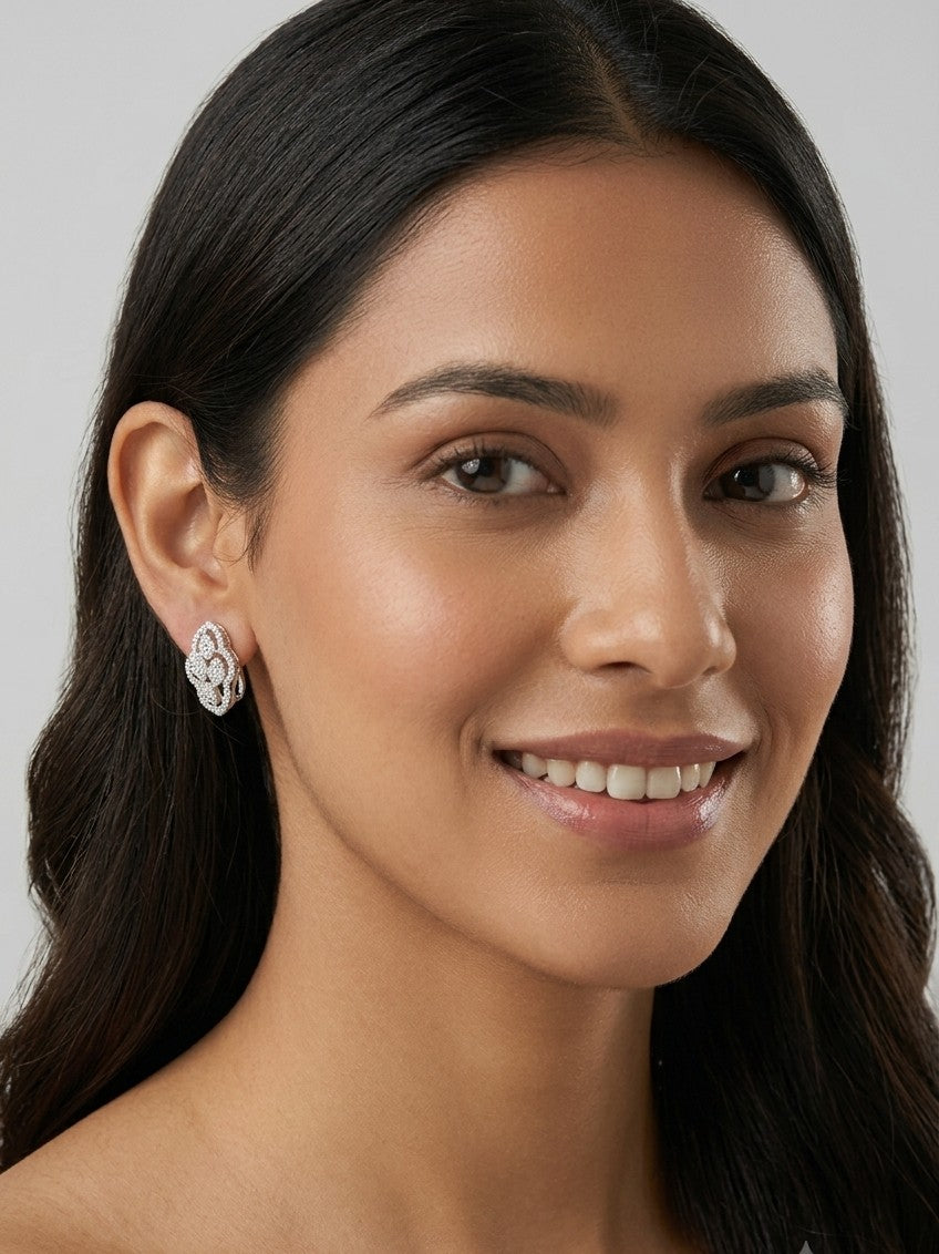 Leaf Halo Diamond Stud Earrings