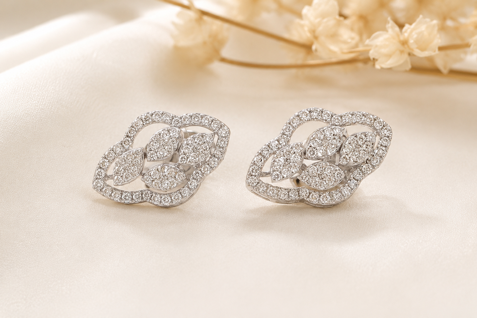 Leaf Halo Diamond Stud Earrings